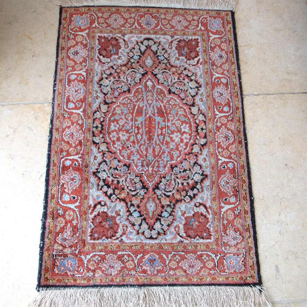 Antique 100% Silk Rug oriental carpet rug, 2 X 3 Feet, Old Vintage Red Multi